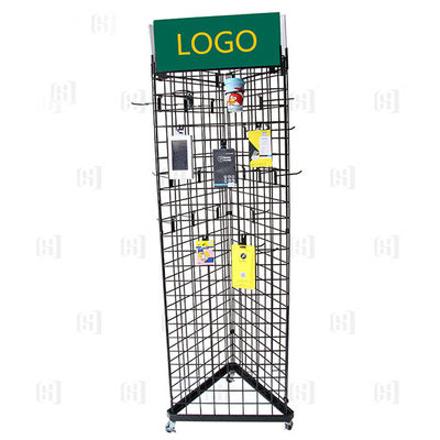3 mit Seiten versehene Dreieck-Draht-Gitter-Supermarkt-Präsentationsständer mit Logo And Casters