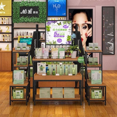 Kundengebundenes Drei-Lage Staplungseisen und hölzerne Kosmetik-Gondel-Verkaufsmöbel-Supermarkt-Präsentationsständer